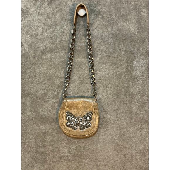Rare Y2K Donald J Pliner Butterfly Bling Gold Glitter Leather Purse Silver Chain
